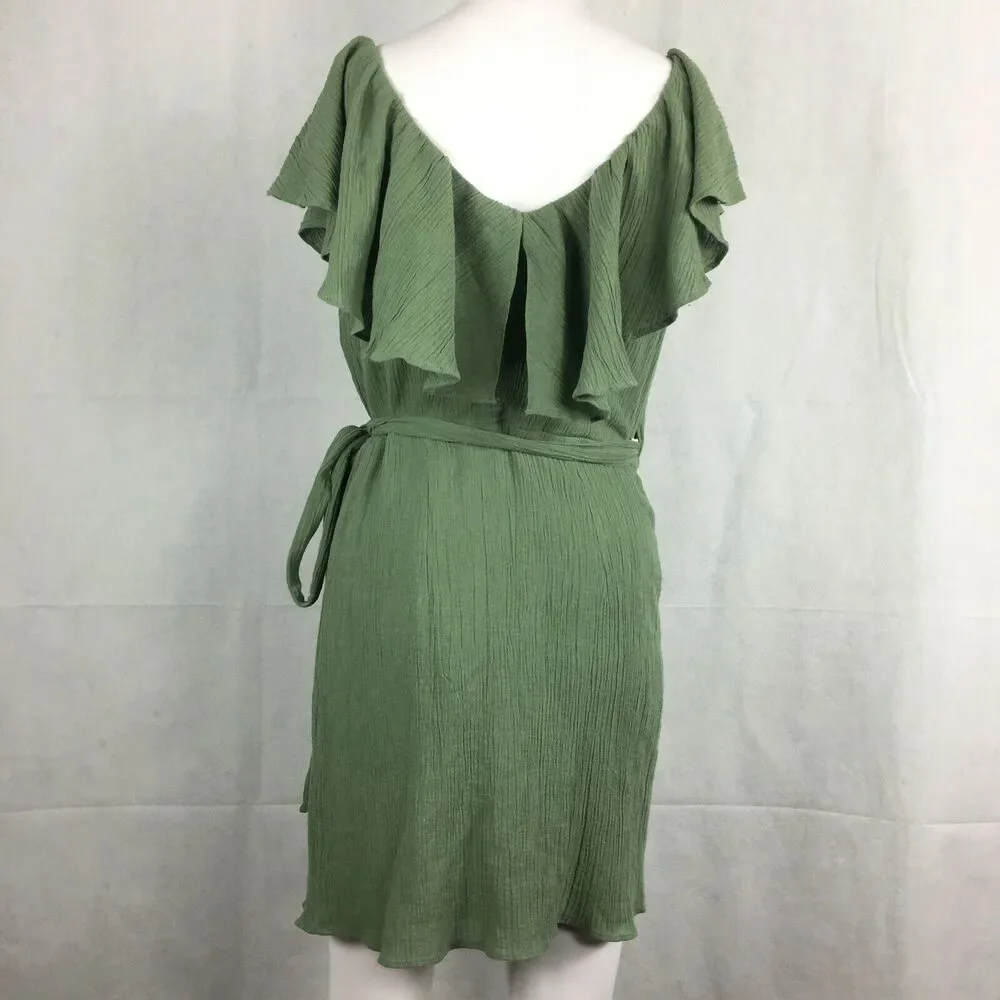 Free People Dress Womens Sz S Green Ruffled‎ Crinkle Mini Wrap Sundress V-Neck